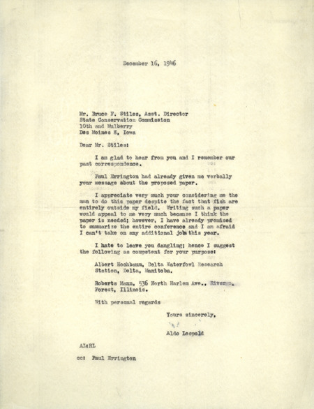 Aldo Leopold letter to Stiles, December 16, 1946
