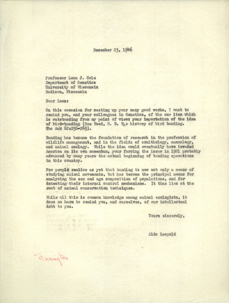 Aldo Leopold letter to Cole, December 23, 1946