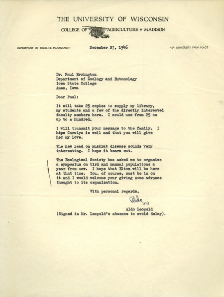 Aldo Leopold letter to Paul Errington, December 27, 1946