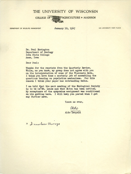 Aldo Leopold letter to Paul Errington, January 10, 1947
