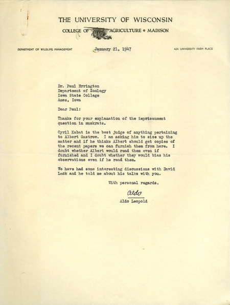 Aldo Leopold letter to Paul Errington, January 21, 1947