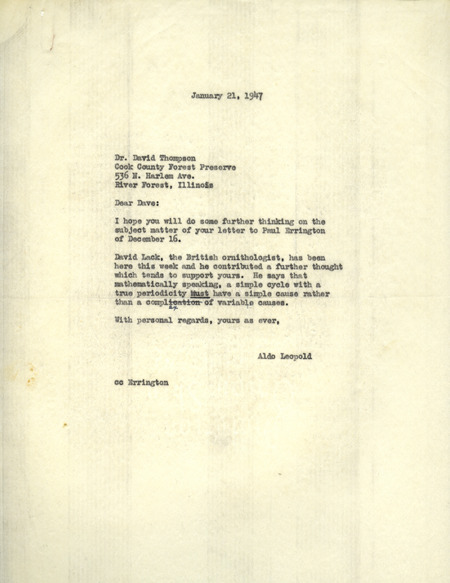 Aldo Leopold letter to Thompson, January 21, 1947