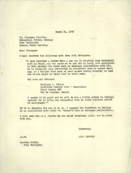 Aldo Leopold letter to Korstian, March 21, 1947