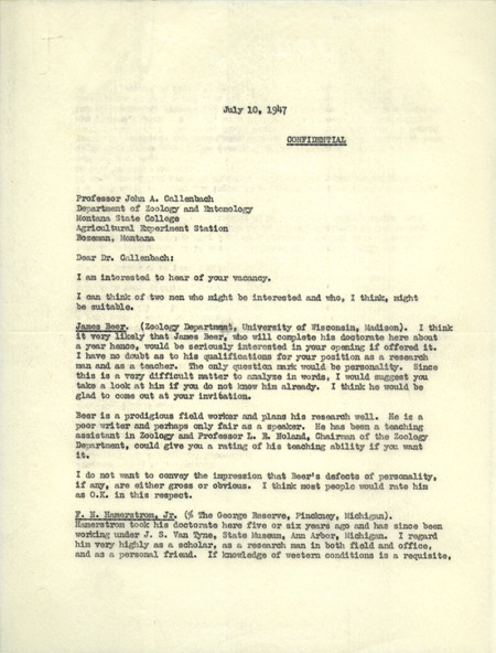 Aldo Leopold letter to Callenbach, July 10, 1947