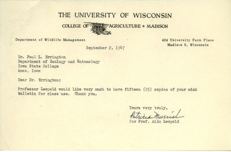 Aldo Leopold letter to Paul Errington, September 2, 1947