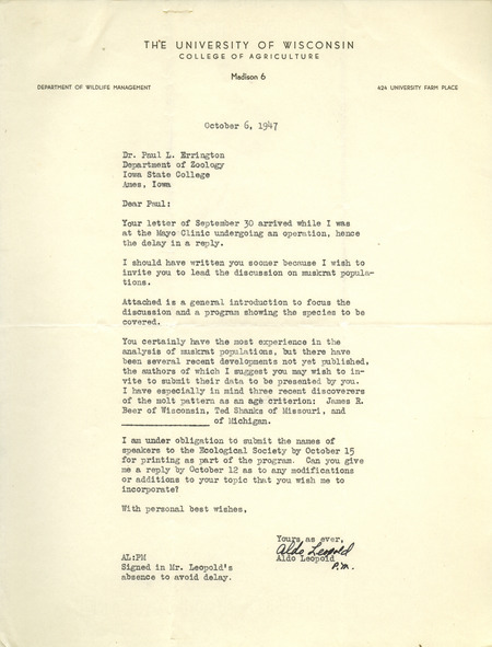 Aldo Leopold letter to Paul Errington, October 6, 1947