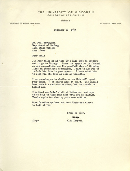 Aldo Leopold letter to Paul Errington, December 17, 1947