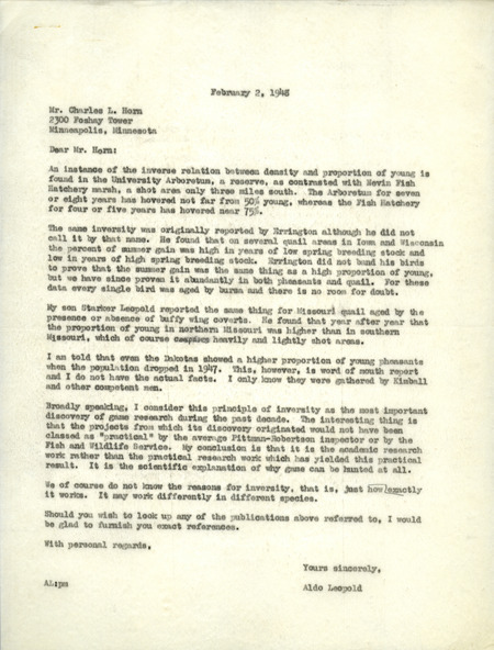 Aldo Leopold letter to Horn, February 2, 1948