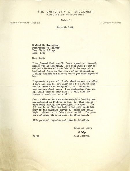 Aldo Leopold letter to Paul Errington, March 8, 1948
