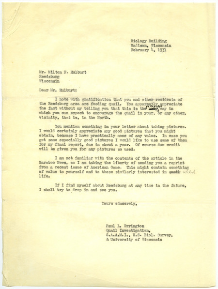 Paul L. Errington letter, February 4, 1931