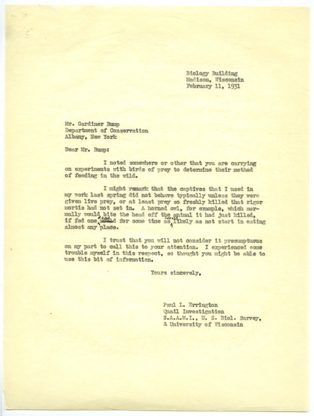 Paul L. Errington letter 2, February 11, 1931