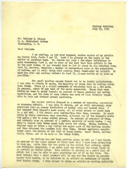 Paul L. Errington letter, July 23, 1931