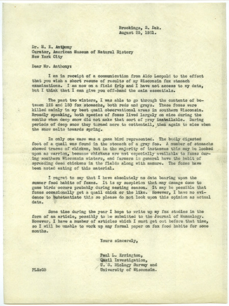 Paul L. Errington letter, August 25, 1931