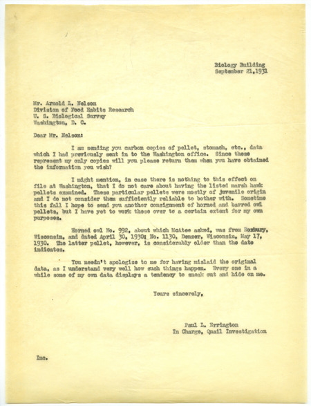 Paul L. Errington letter, September 21, 1931
