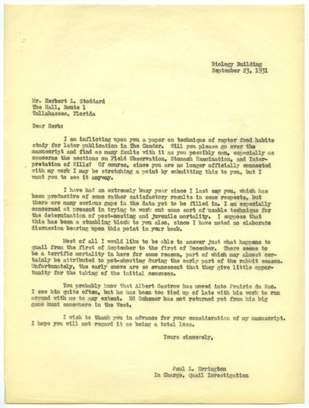 Paul L. Errington letter, September 23, 1931