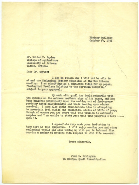 Paul L. Errington letter, October 14, 1931