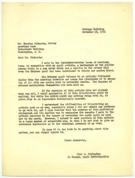 Paul L. Errington letter 2, November 18, 1931