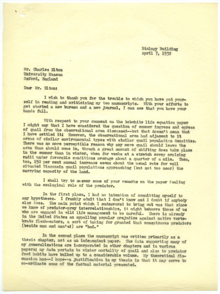 Paul L. Errington letter 2, April 7, 1932