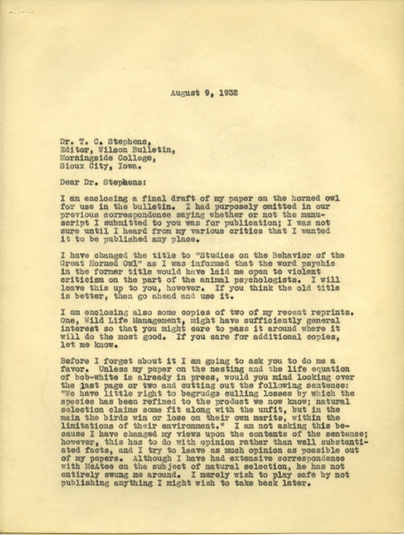 Paul L. Errington letter 1, August 9, 1932