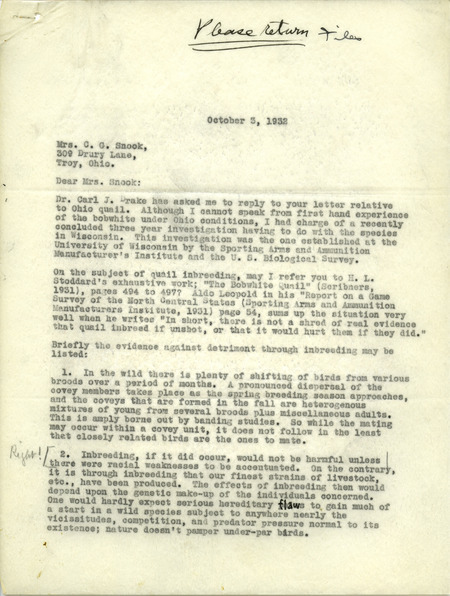 Paul L. Errington letter 1, October 3, 1932