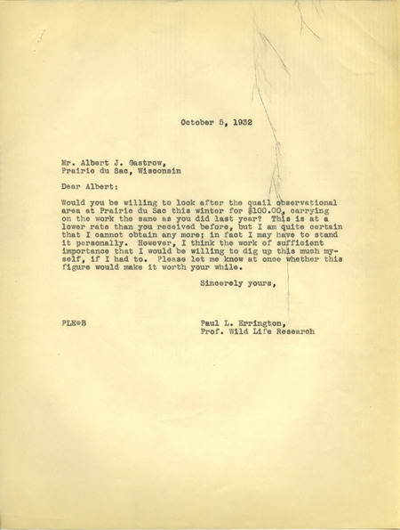 Paul L. Errington letter 1, October 5, 1932
