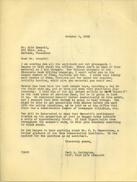 Paul L. Errington letter 2, October 5, 1932