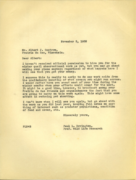 Paul L. Errington letter 1, November 3, 1932