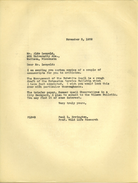 Paul L. Errington letter 2, November 3, 1932