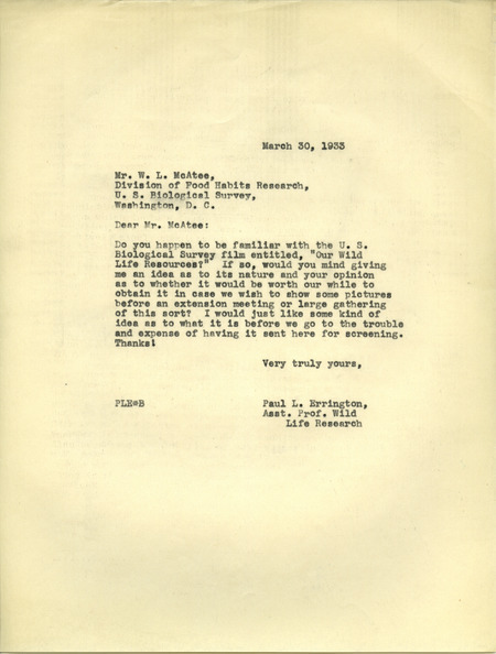 Paul L. Errington letter 1, March 30, 1933