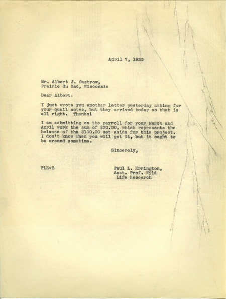 Paul L. Errington letter, April 7, 1933