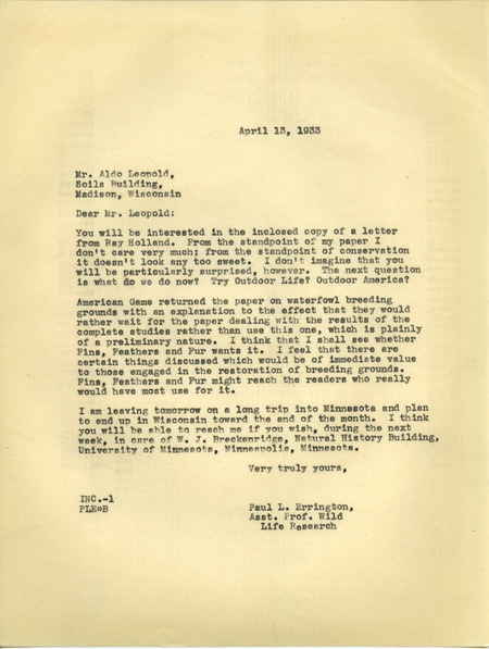 Paul L. Errington letter, April 13, 1933
