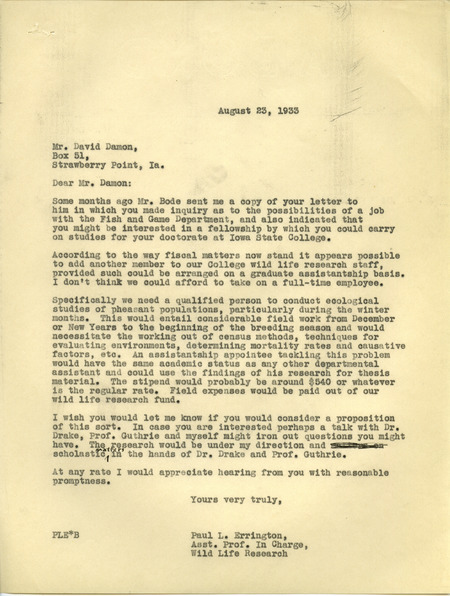 Paul L. Errington letter, August 23, 1933