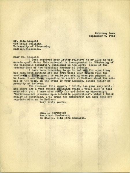 Paul L. Errington letter, September 9, 1933