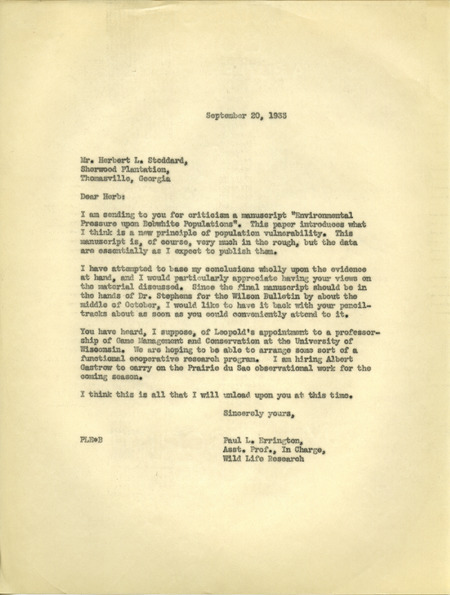 Paul L. Errington letter 2, September 20, 1933