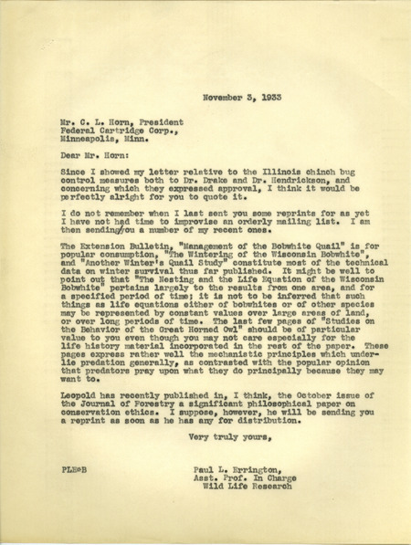 Paul L. Errington letter 1, November 3, 1933