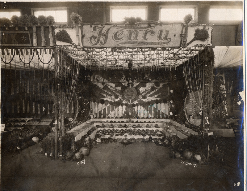 A photograph of a vegetable and grain exhibit done by Henry County at the Iowa State Fair.