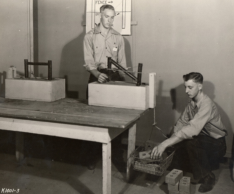 A photograph with a caption that reads: "Team fence demonstration done by Lawrence and Howard Studeman of Clinton County at the Iowa State Fair." Taken in 1941.