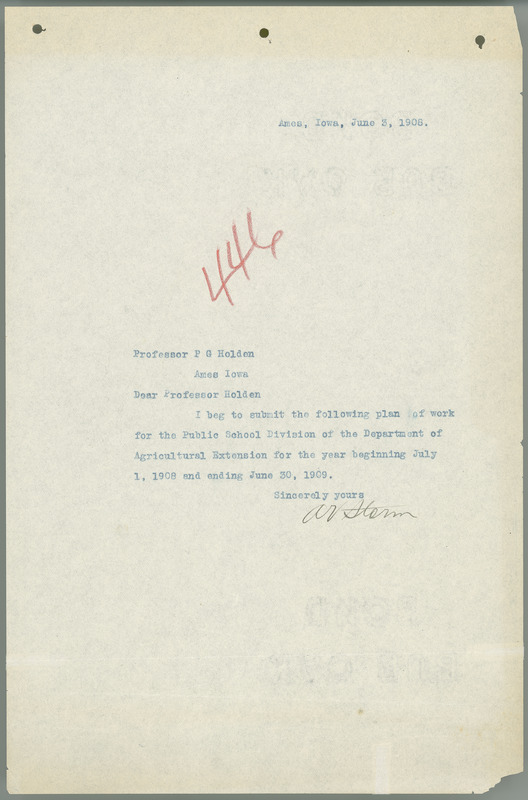 A plan of work for 1908-1909 that includes ideas for promotion of public school agriculture, subject matter to be taught, preparing teachers, summer school, and correspondence school.
