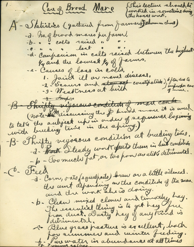 Handwritten notes and material for the short course on the care of broodmares, draft foals, and stallions. Includes subject matter such as feed, exercise, shelter, and various other details specific to each type of horse. Contains six pages of notes.