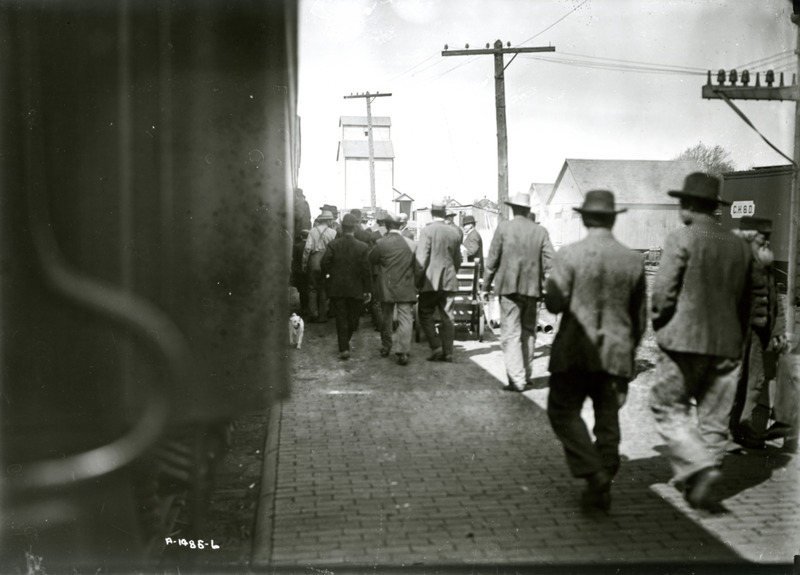 Crowd outside of a corn train
