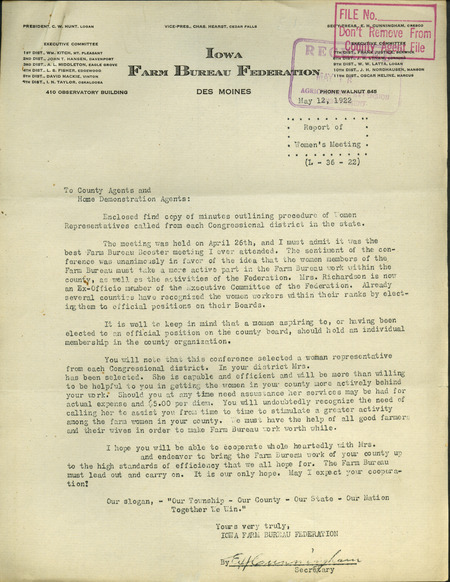 A copy of the minutes outlining procedure of the Women Representatives from each Congressional district. The minutes include decisions reached on issues like statewide organization plans, project work, and future goals.