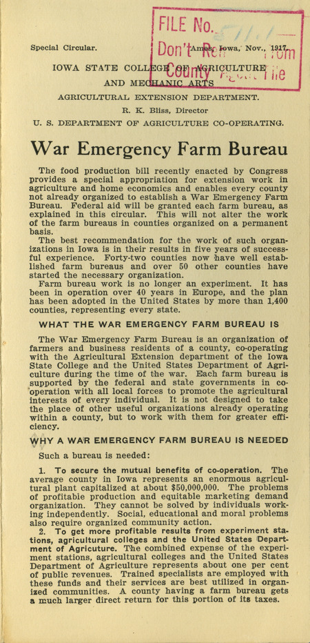 A circular regarding the details of the War Emergency Farm Bureau, what the organization does, and how it is structured.
