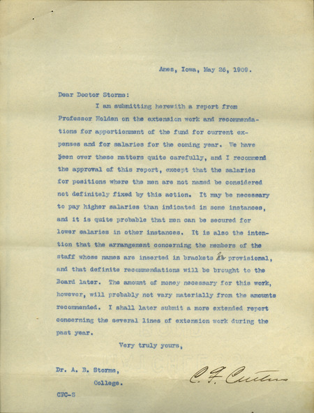 A report from 1909 regarding the budget, details extension activities, discusses costs and salaries. Also contains several recommendations for expansion of extension activities and promotion.