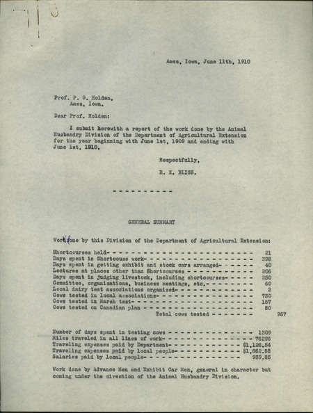 This report details the lectures given by Ralph K. Bliss at farmer's institutes, schedules of short courses he taught, his involvement with Extension organizations, and demonstration farms. Some description of administrative processes and work.