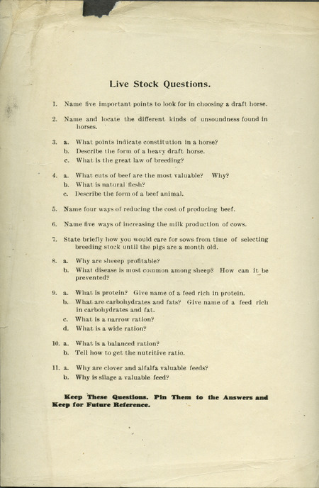 A list of questions posed to the farmers after the short course session about livestock. Includes 11 questions, 6 being multi-part, that were intended to be used as a reference guide after completion.