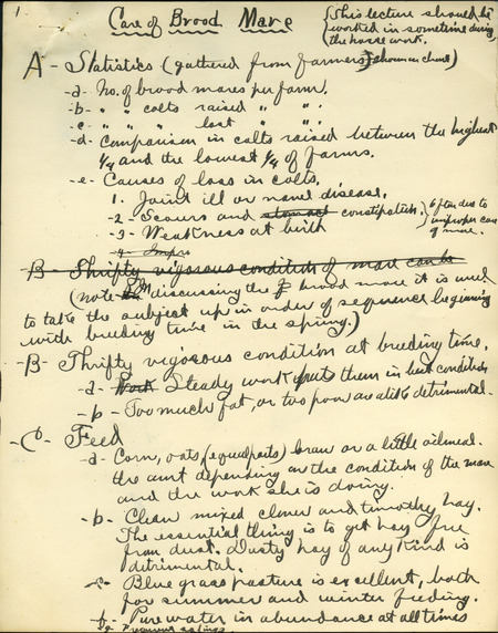 Handwritten notes and material for the short course on the care of broodmares, draft foals, and stallions. Includes subject matter such as feed, exercise, shelter, and various other details specific to each type of horse. Contains six pages of notes.
