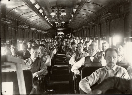 Photograph of a Corn Train interior facing the passengers, taken in 1910.