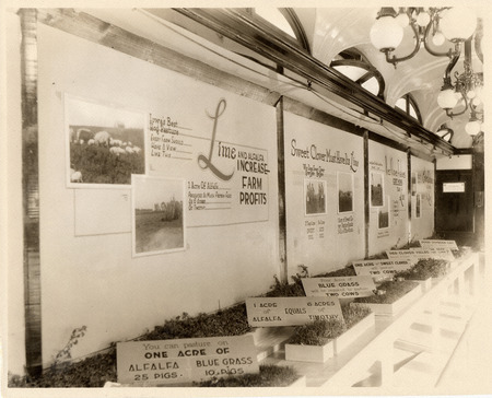 Photo of a Legume Exhibit in a train car of the Iowa Lime and Legume Special in 1932.