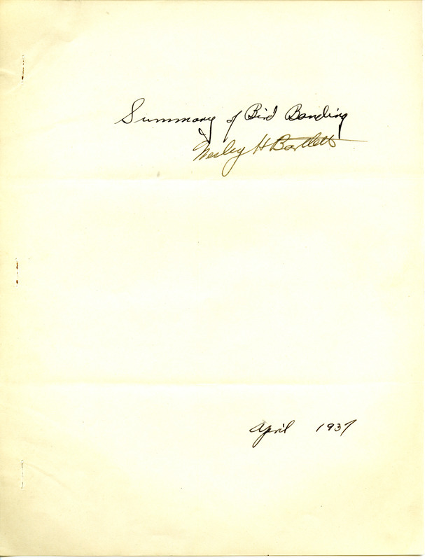 A report written by Wesley H. Bartlett describing the history of bird banding, including a brief overview and timeline of the practice of banding started by Audubon in 1803. Also covered are the qualifications a person must meet to be a small bird banding station operator, details on the reporting of bird banding activities, descriptions of the birds banded and later captured (return, repeat, or foreign return), and the type of baits and traps to use in order to maintain safety for the birds. Also includes details on the count and species of birds banded at Parsons College.