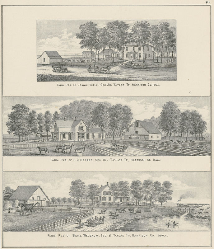 Item from a collection of engravings, lithographs (some hand-colored), and photogravures depicting farmsteads and stock farms in Iowa circa 1871-1904. Prints in the collection originally appeared in such vintage atlases as A. T. Andreas's "Illustrated historical atlas of the state of Iowa" (1875), M. Huebinger's "Atlas of the state of Iowa" (1904), and other publications.